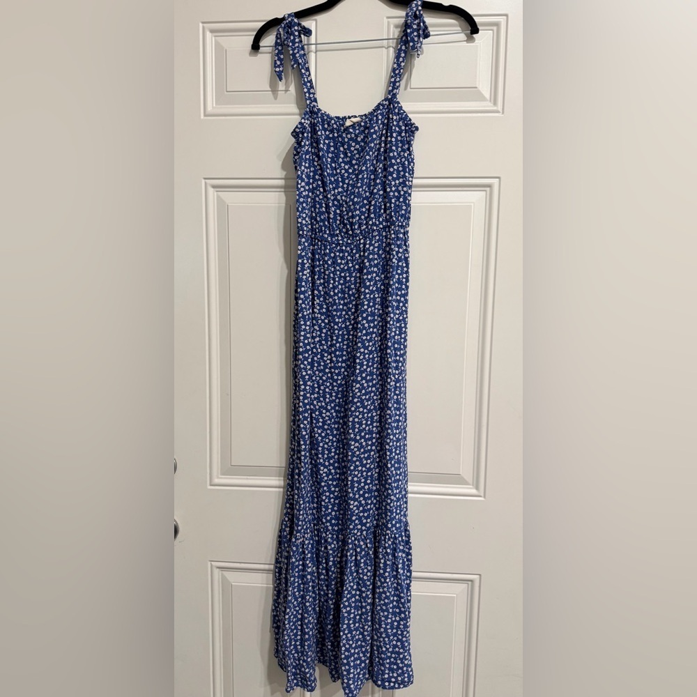 Kingston Grey Floral Blue and White Shoulder Tie Boho Maxi Dress